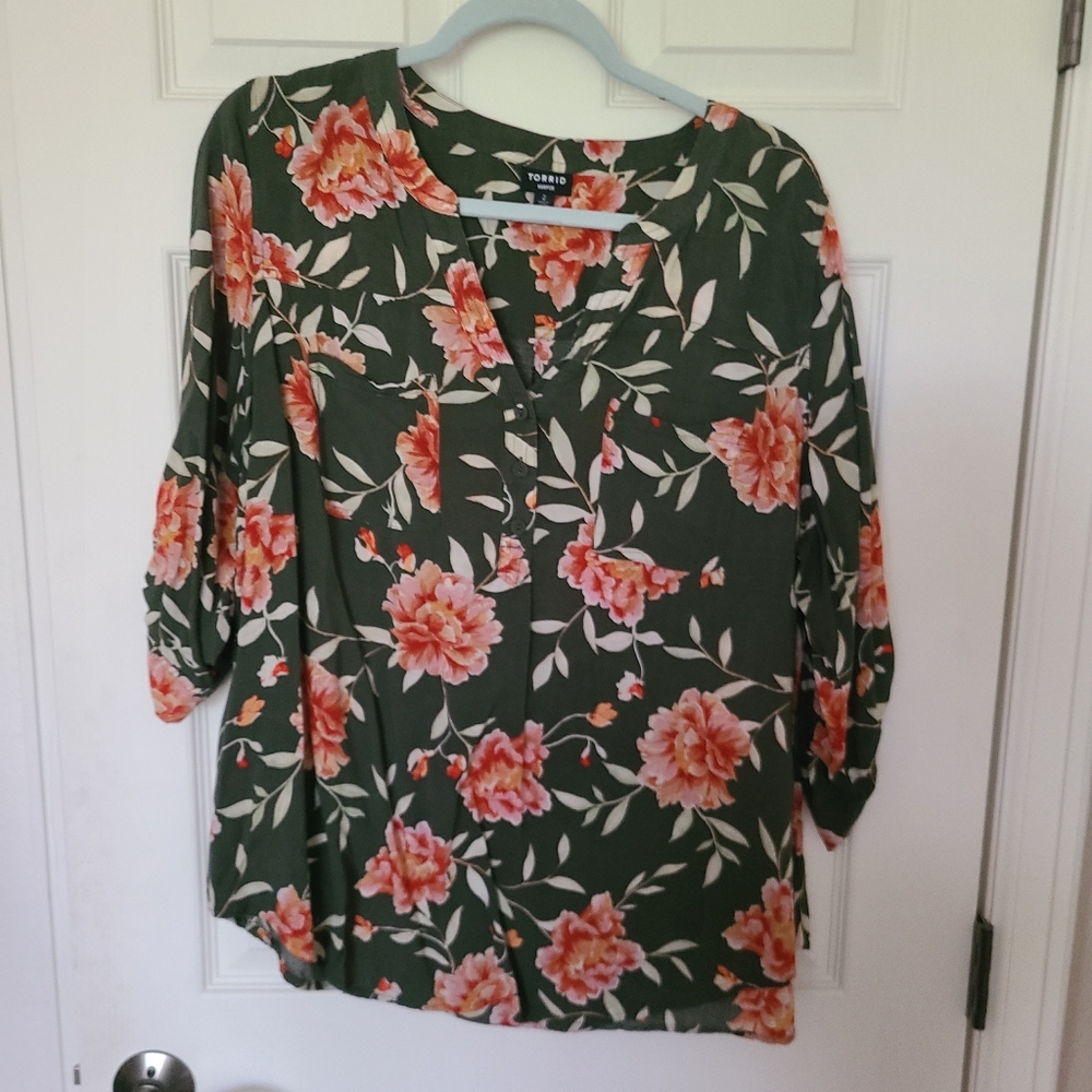 Torrid Green and Pink Floral Blouse